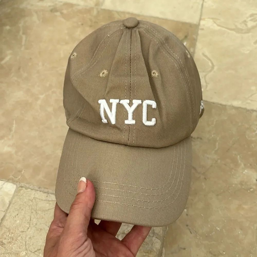 NYC khaki hat with white lettering, one size, NEW